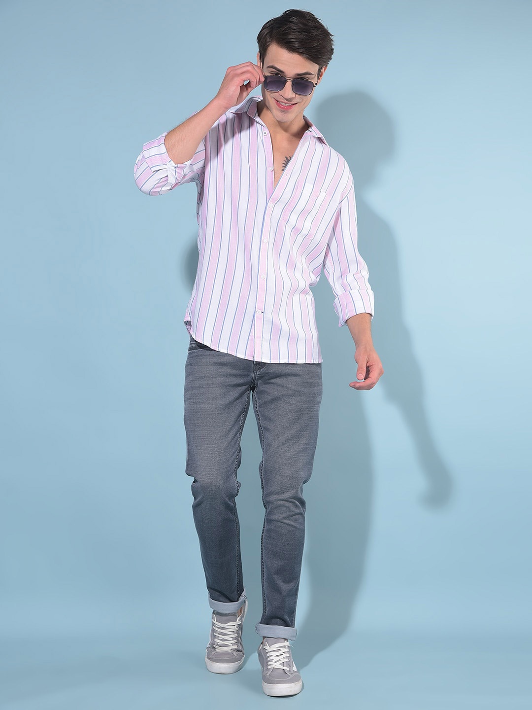 

Crimsoune Club Classic Slim Fit Striped Cotton Casual Shirt, Pink