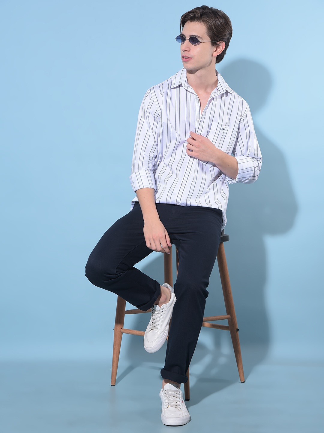 

Crimsoune Club Resort Collar Slim Fit Striped Cotton Casual Shirt, White