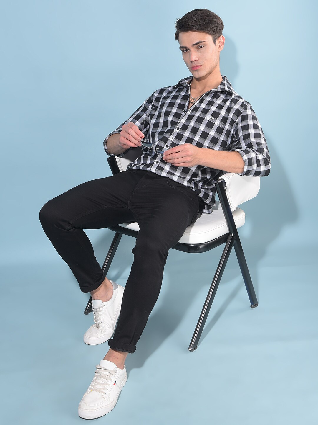 

Crimsoune Club Classic Slim Fit Checked Pure Cotton Casual Shirt, Black
