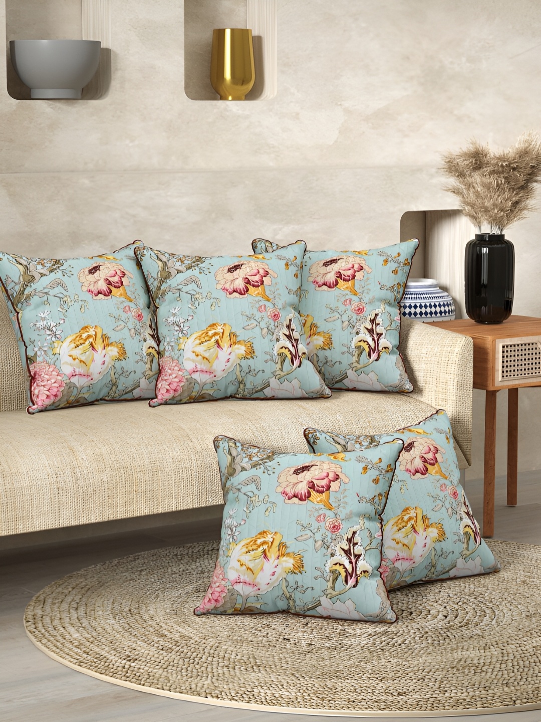 

EasyGoods Blue & Yellow Set of 5 Floral Square Cushion Covers