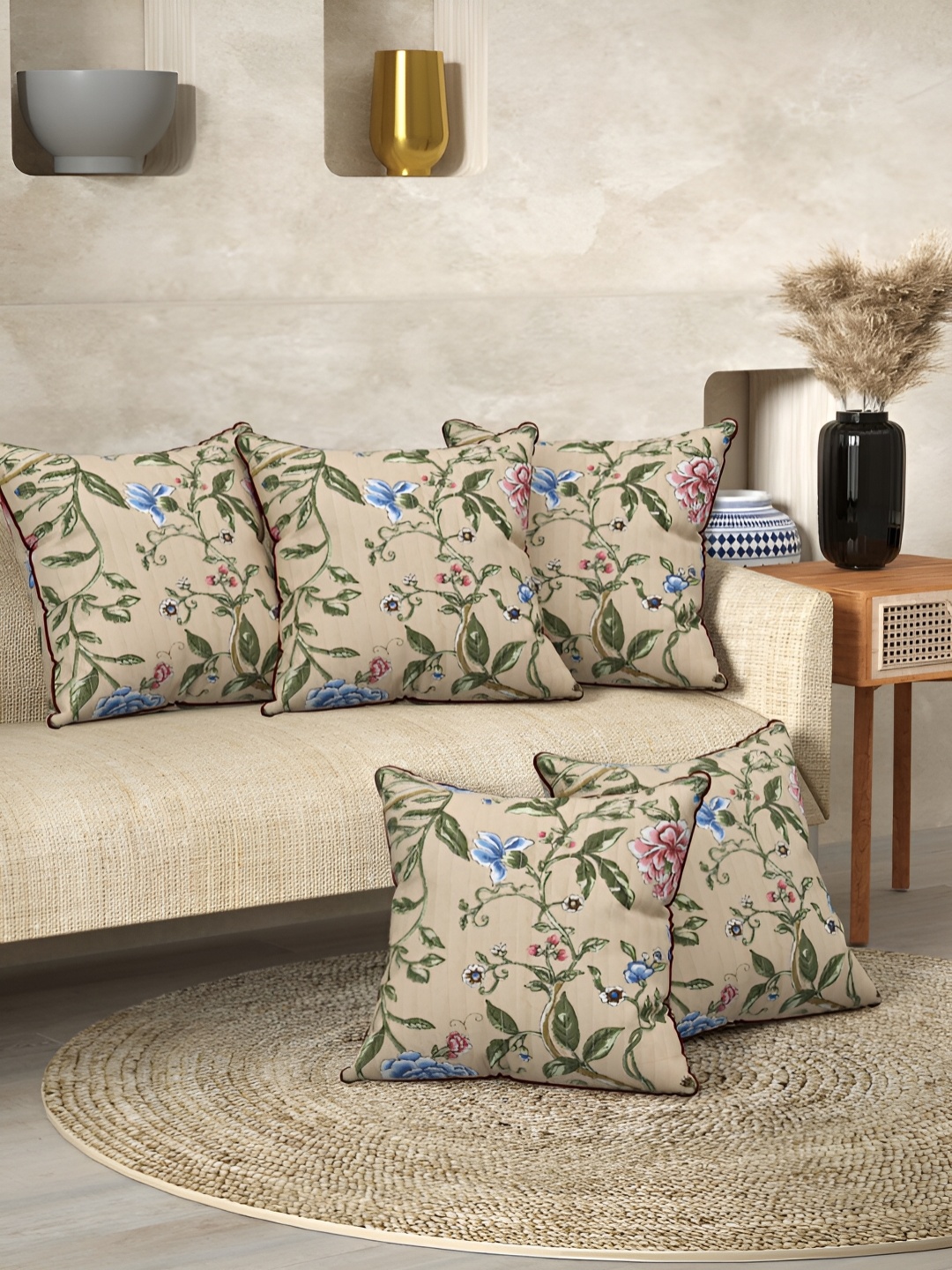 

EasyGoods Brown & Blue Set of 5 Floral Square Cushion Covers