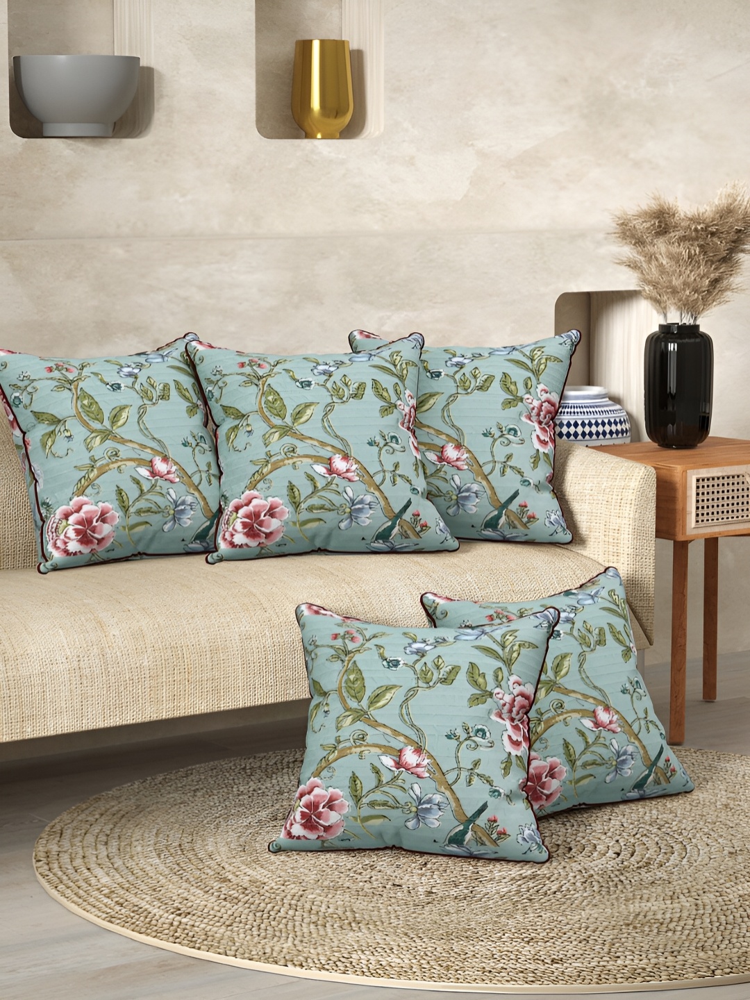 

EasyGoods Green Set of 5 Floral Square Cushion Covers