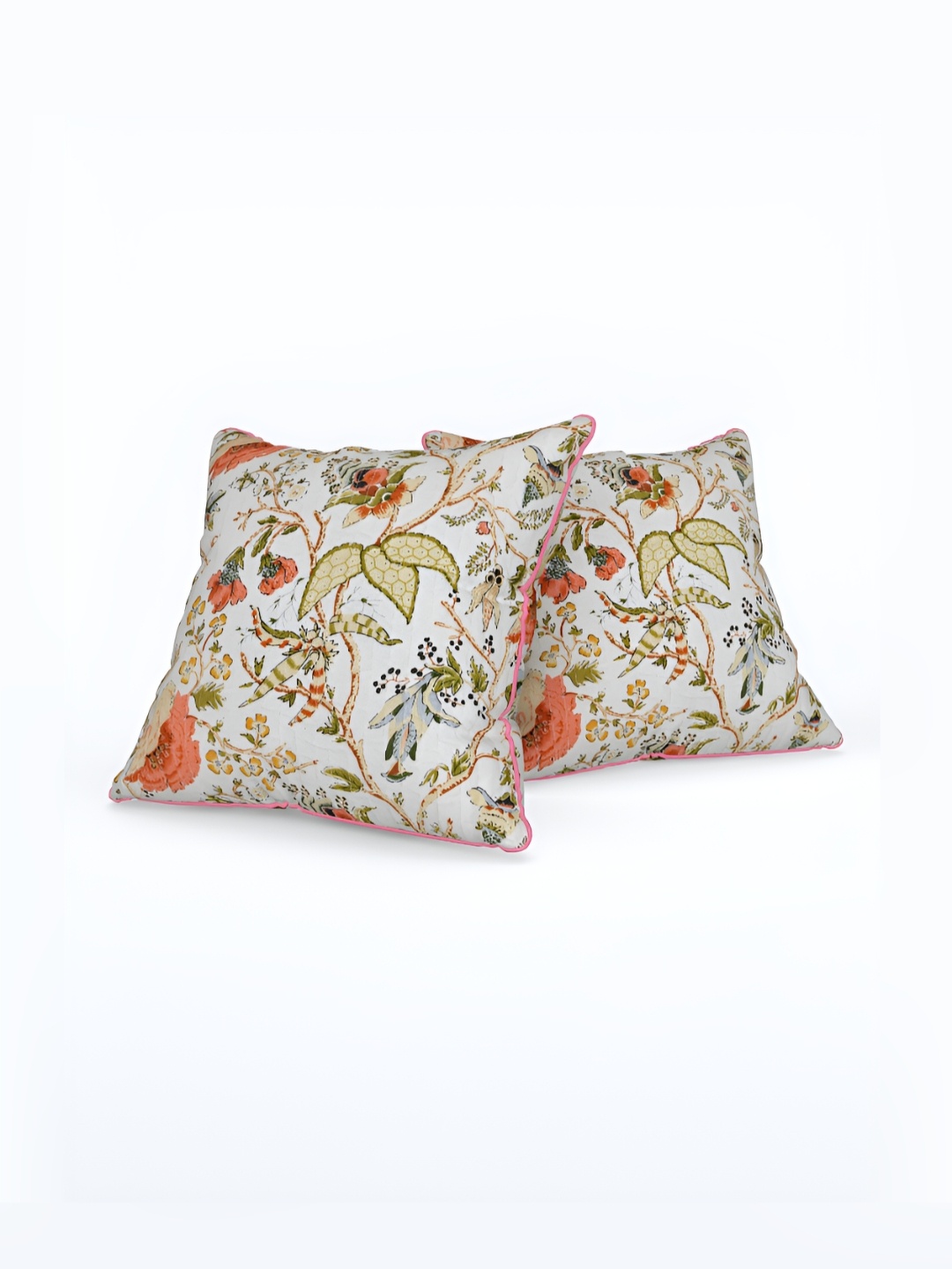 EasyGoods Orange & White Set of 2 Floral Square Cushion Covers