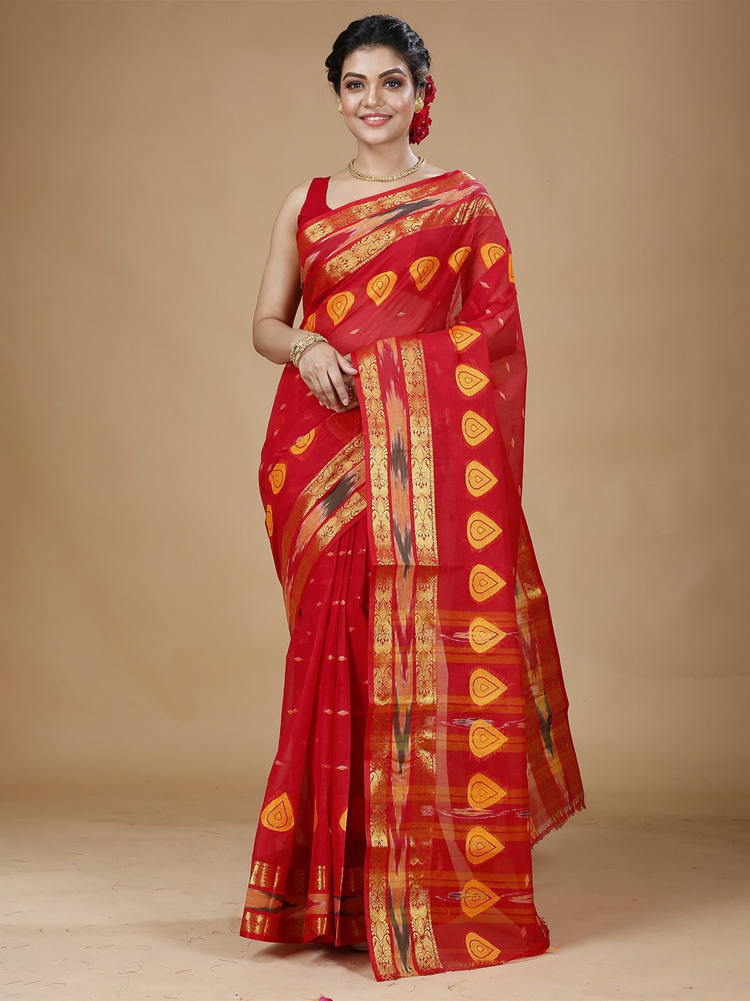

SLAGHA Woven Design Pure Cotton Taant Saree, Red