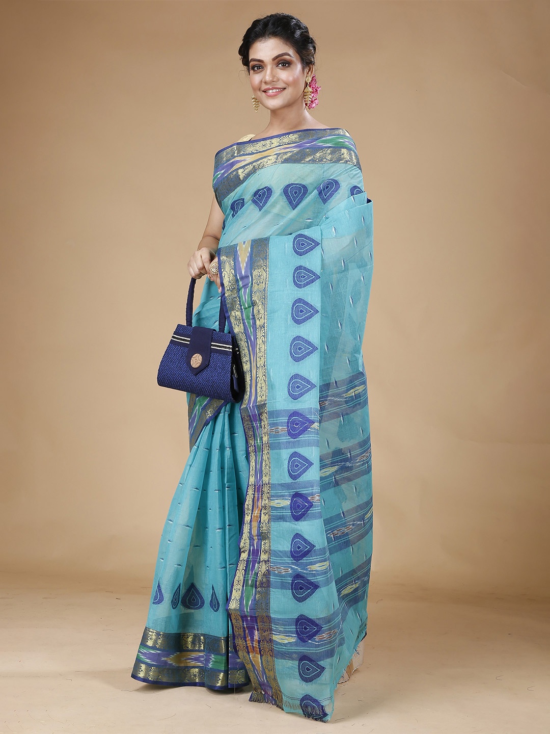 

SLAGHA Ethnic Motifs Zari Pure Cotton Taant Saree, Turquoise blue