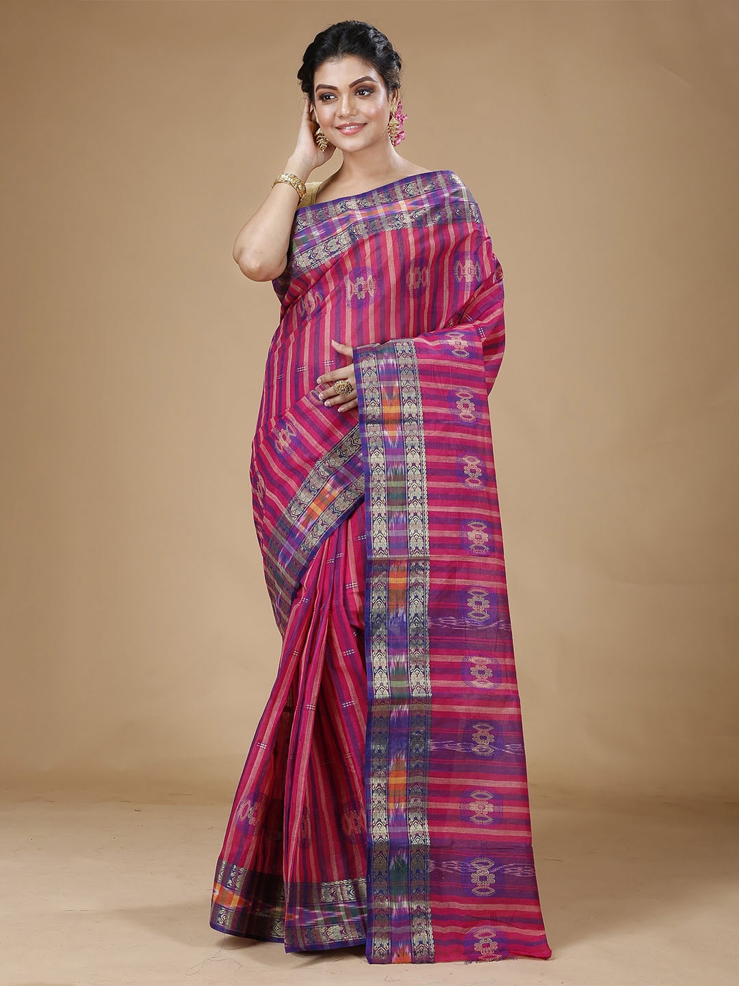 

SLAGHA Striped Pure Cotton Taant Saree, Pink