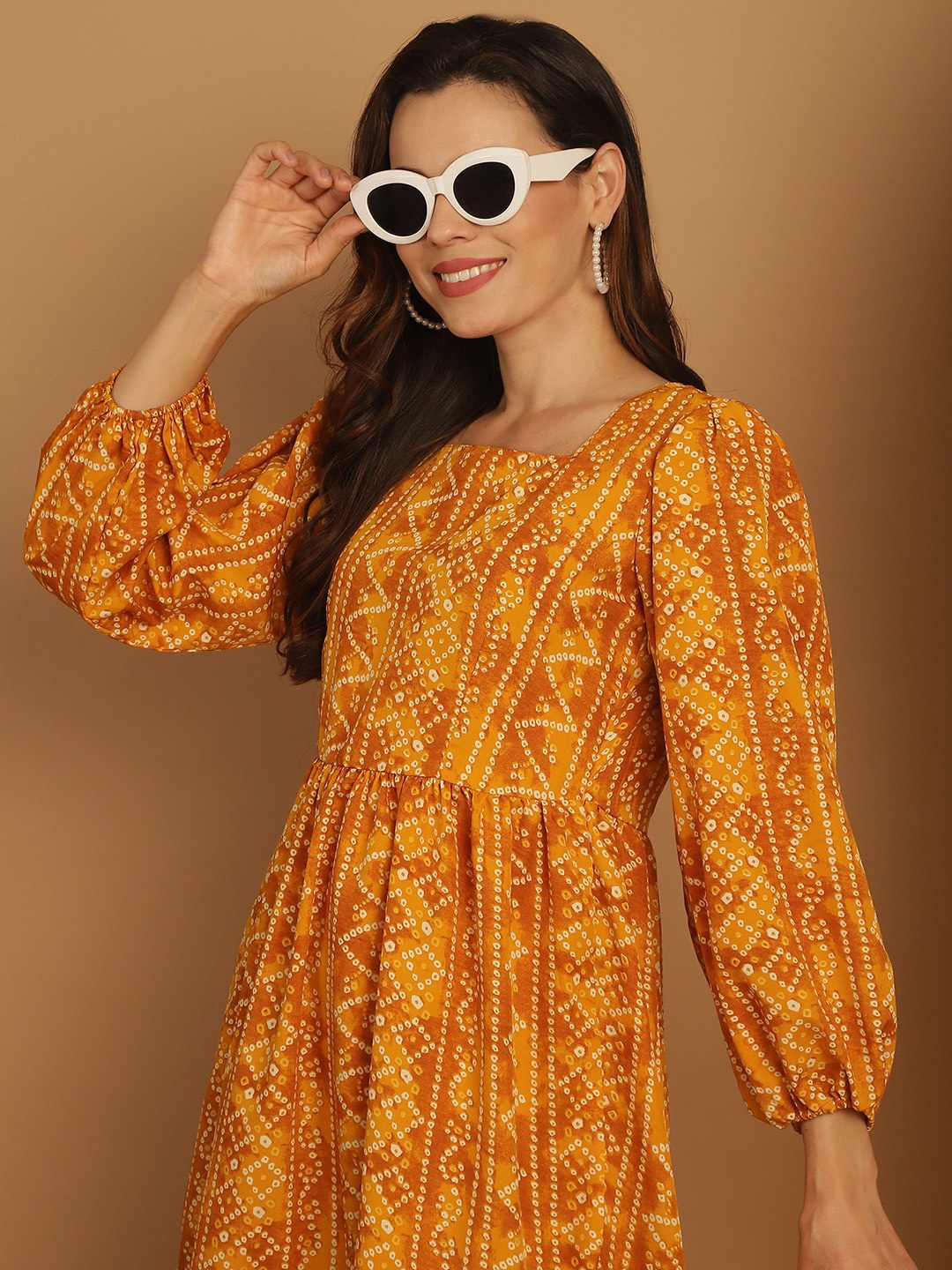 

Indian Needle Ethnic Motifs Print Square Neck Puff Sleeve Fit and Flare Dress, Mustard