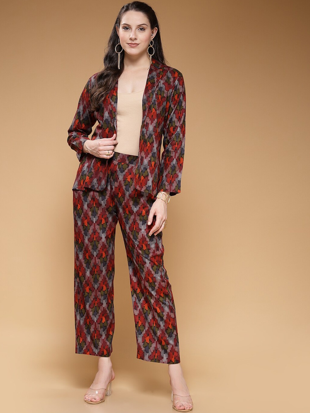 

Indibelle Printed Shawl Neck Coat With Trousers Co-Ords, Maroon