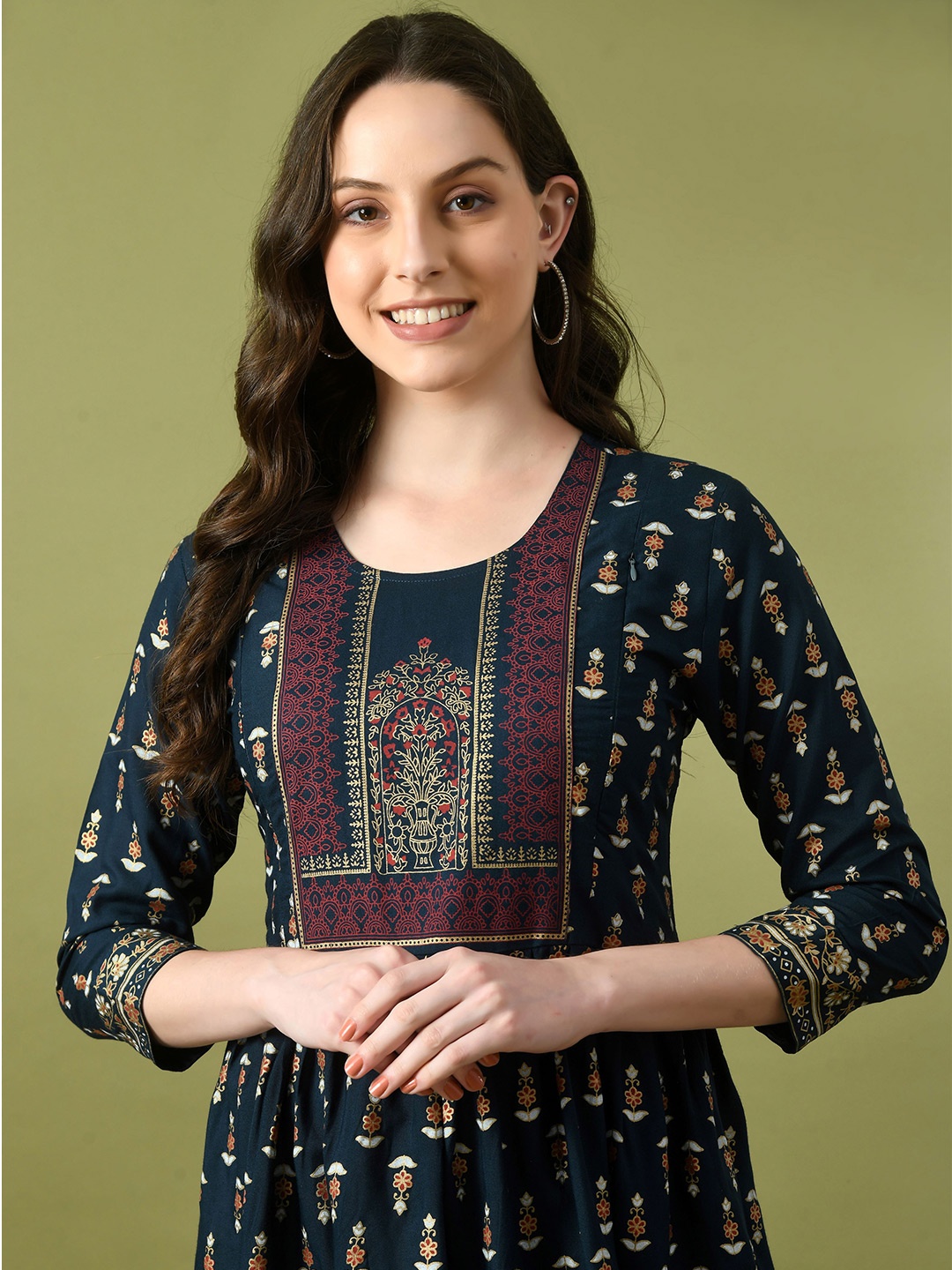 

Bhoolft Ethnic Motifs Printed Fit & Flare Ethnic Dress, Navy blue