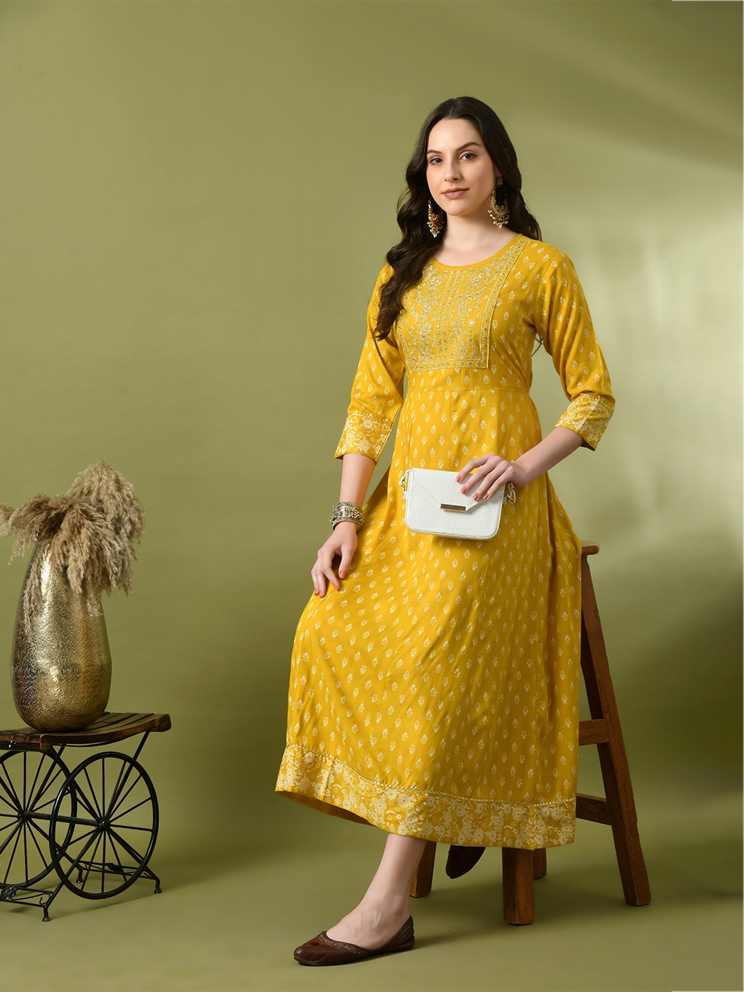 

Bhoolft Ethnic Motifs Printed Embroidered Fit & Flare Mid Ethnic Dress, Yellow