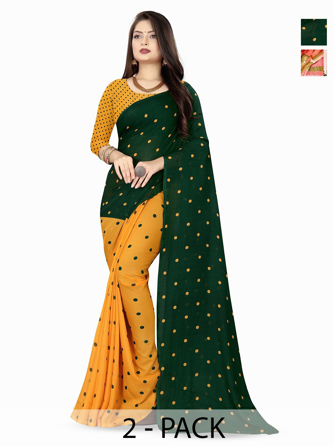 

ANAND SAREES Selection Of 2 Polka Dot Printed Half and Half Saree, Green