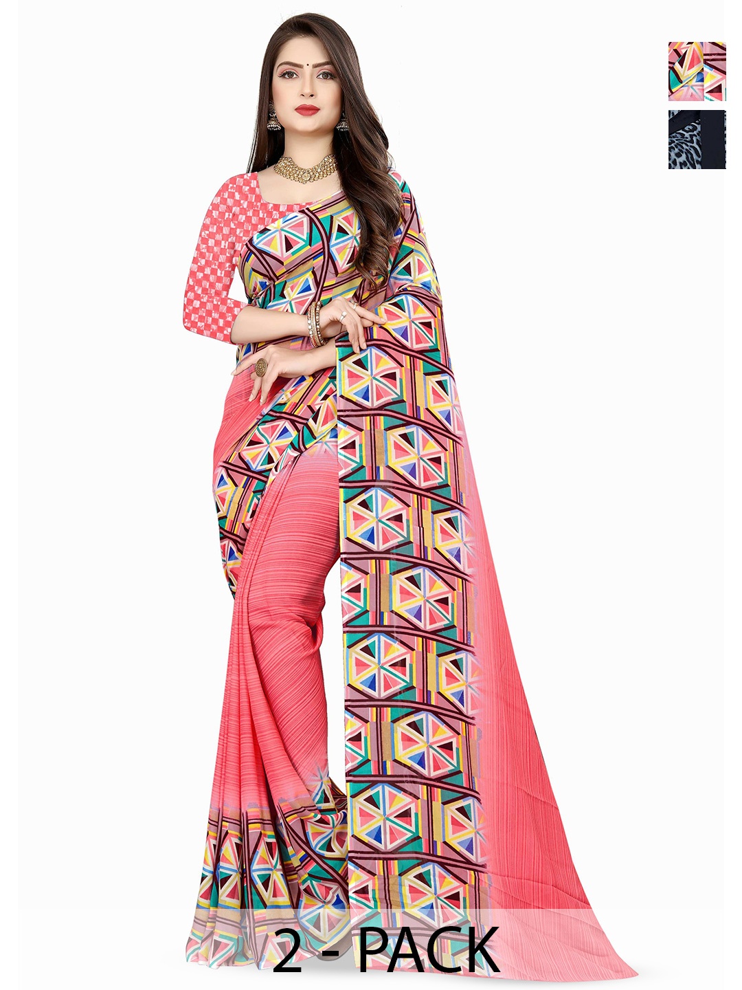 

ANAND SAREES Geometric Print 2Pcs Saree, Pink