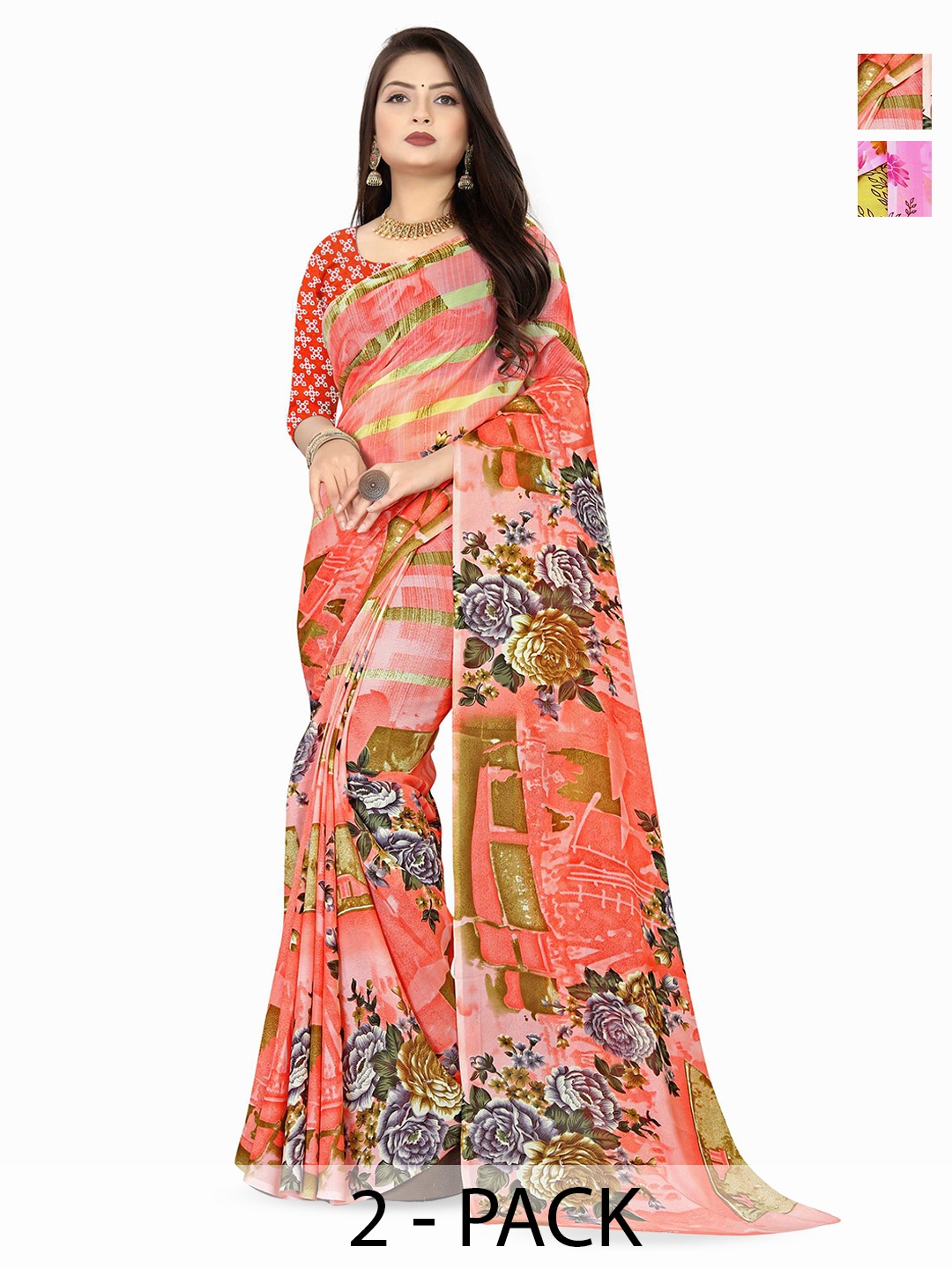 

ANAND SAREES Selection Of 2 Ethnic Motifs Printed Saree, Pink