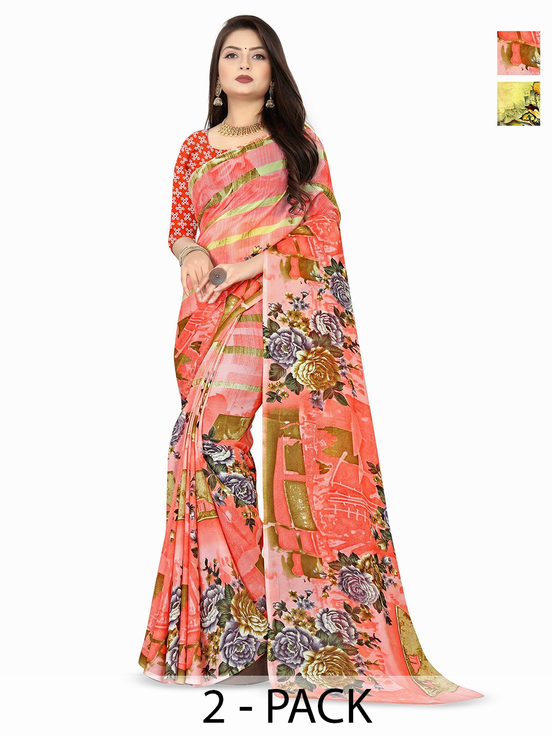 

ANAND SAREES Selection Of 2 Floral Printed Sarees, Yellow