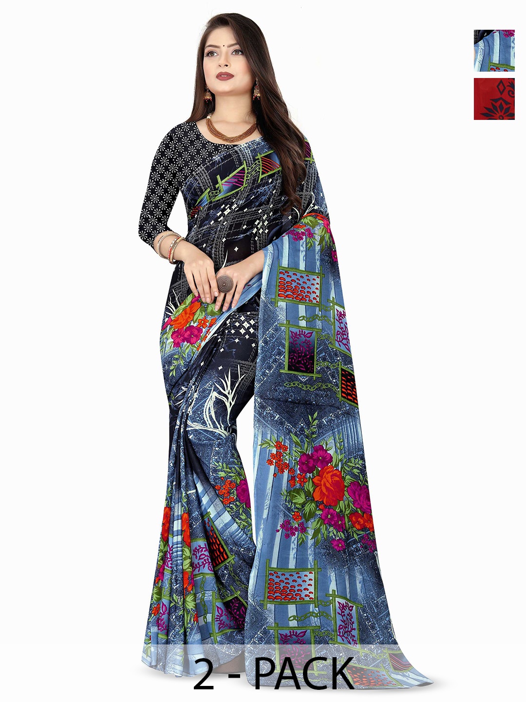 

ANAND SAREES Selection of 2 Floral Printed Saree, Grey