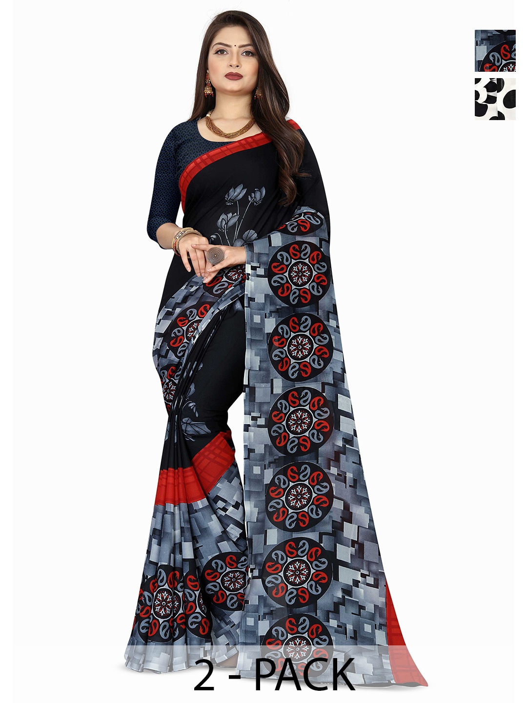 

ANAND SAREES Selection Of 2 Polka Dot Printed Saree, White