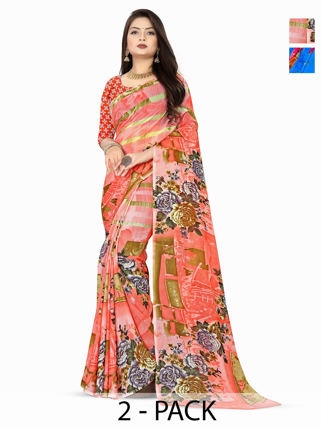 

ANAND SAREES Selection Of 2 Floral Printed Saree, Blue