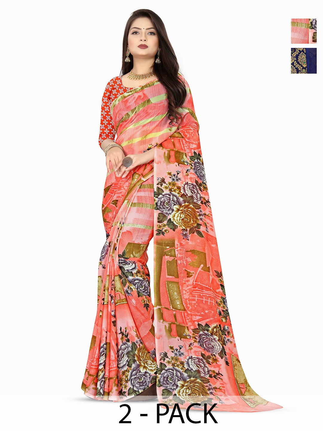 

ANAND SAREES Floral 2Pcs Saree, Peach