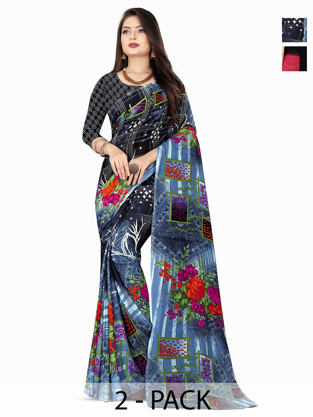 

ANAND SAREES Floral Print 2Pcs Saree, Blue