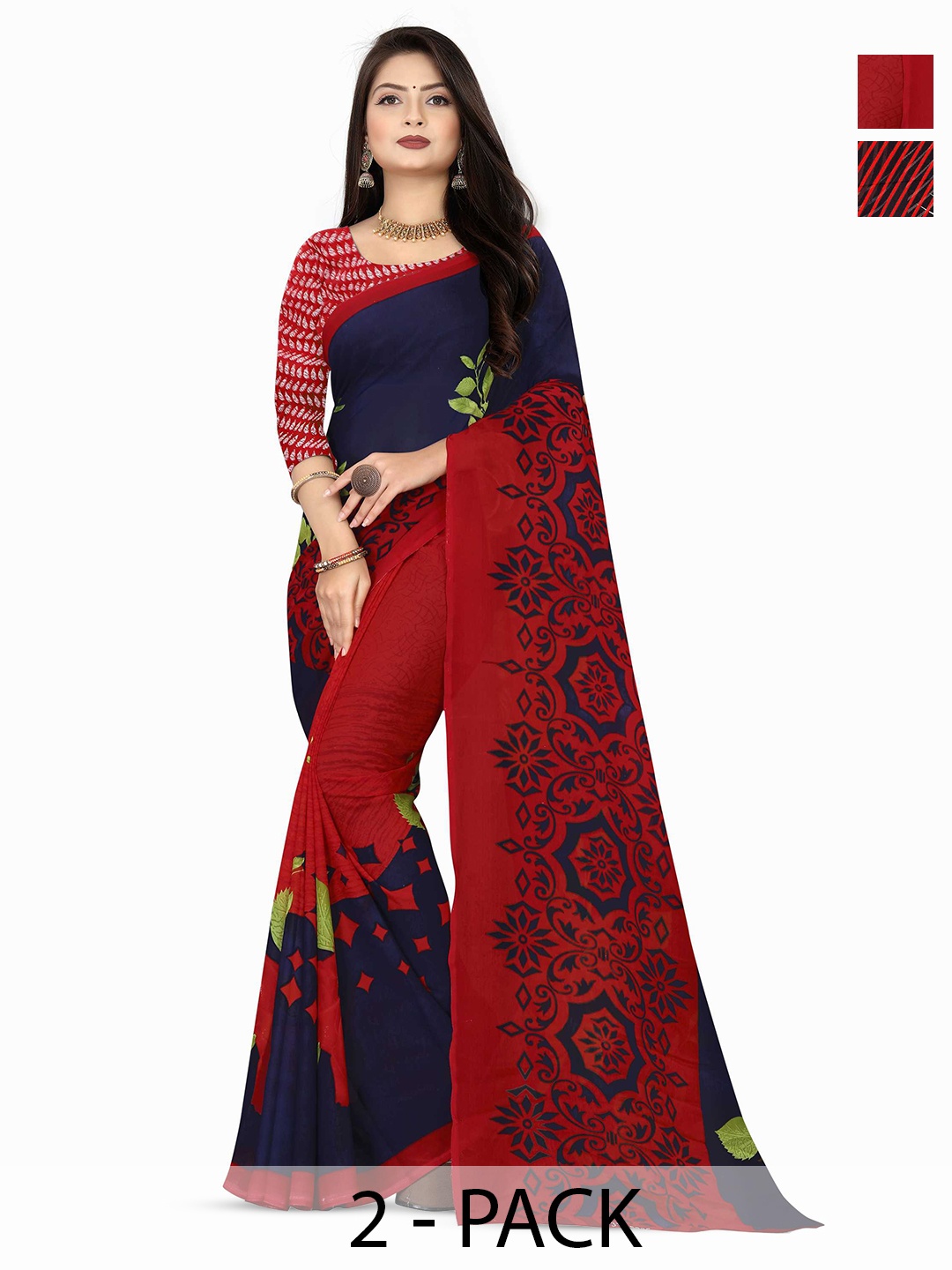 

ANAND SAREES Selection of 2 Floral Printed Sarees, Red