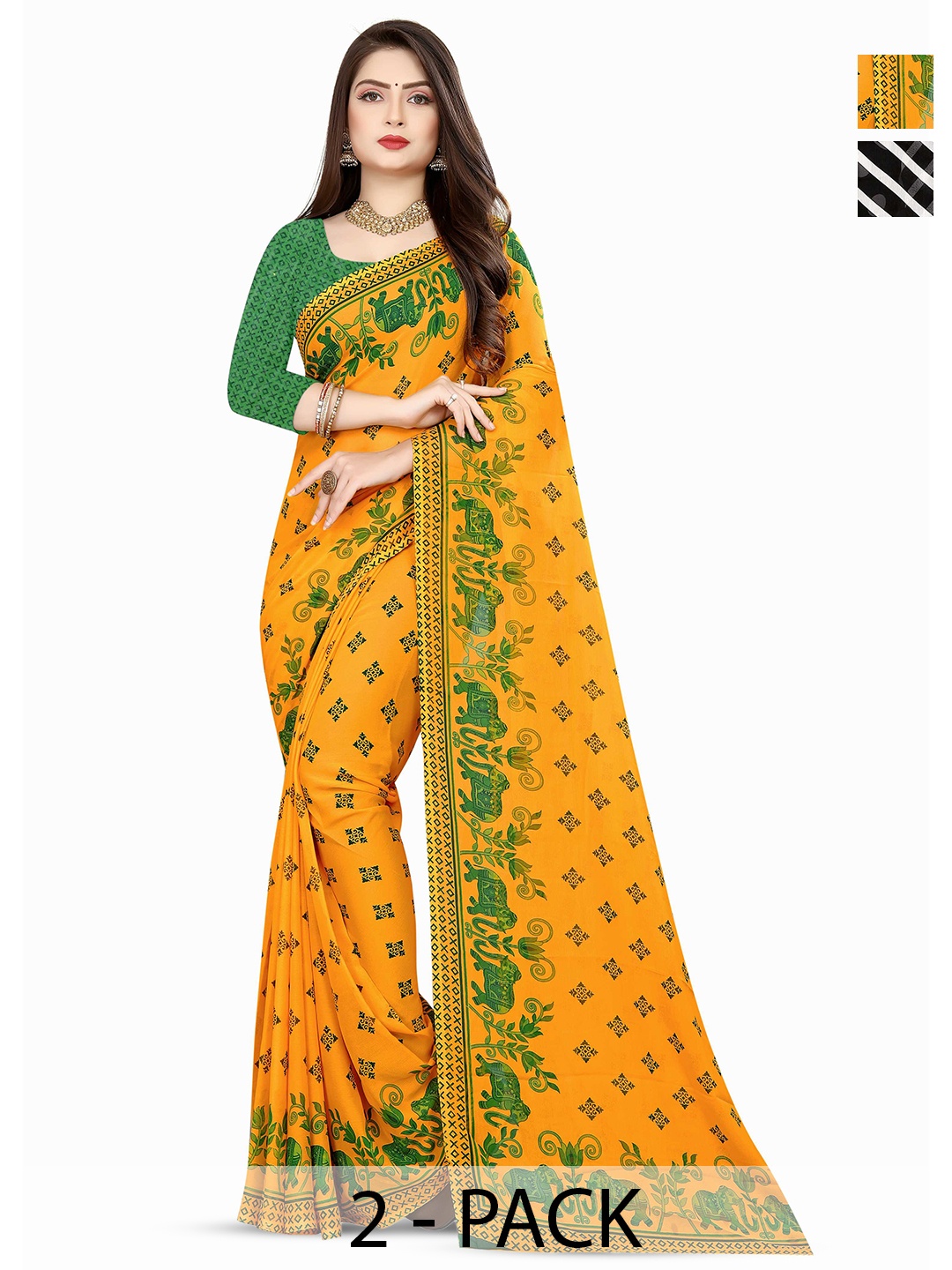 

ANAND SAREES Pack Of 2 Floral Printed Sarees, Black
