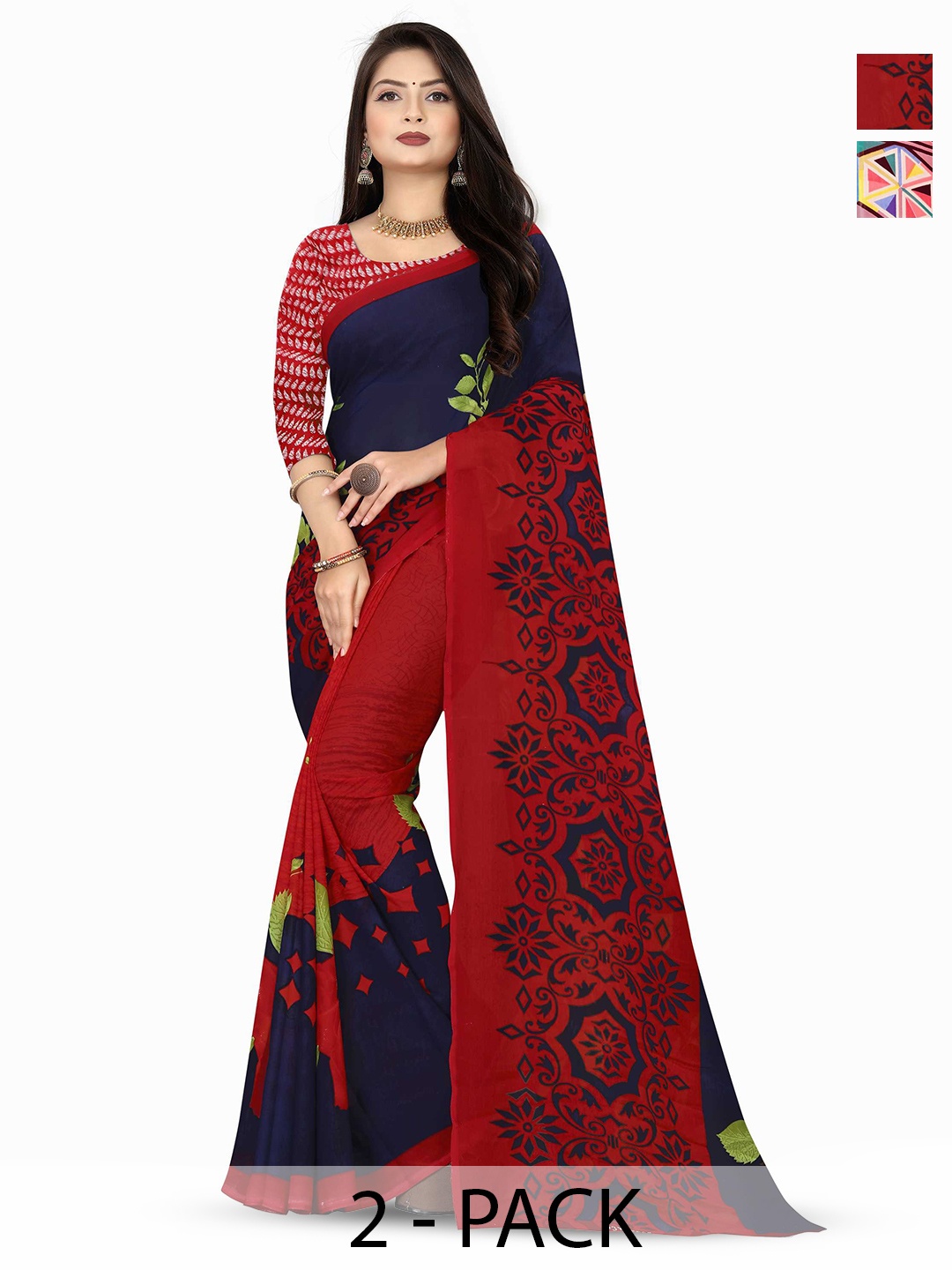 

ANAND SAREES Pack of 2 Floral Printed Sarees, Navy blue