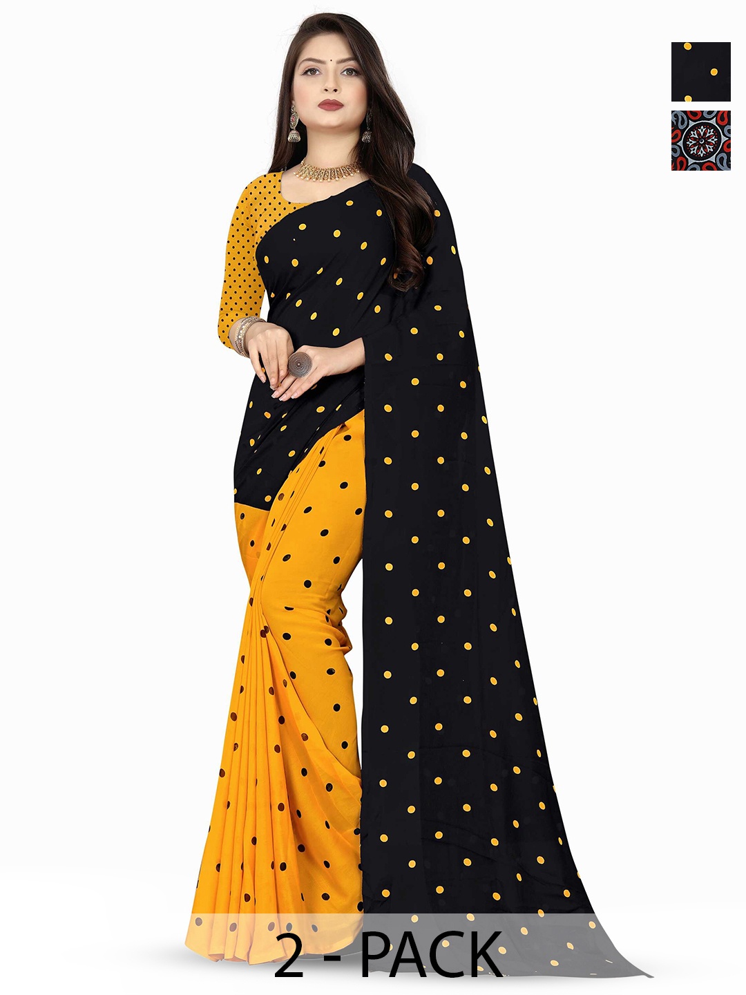 

ANAND SAREES Polka Dot Print 2Pcs Saree, Black