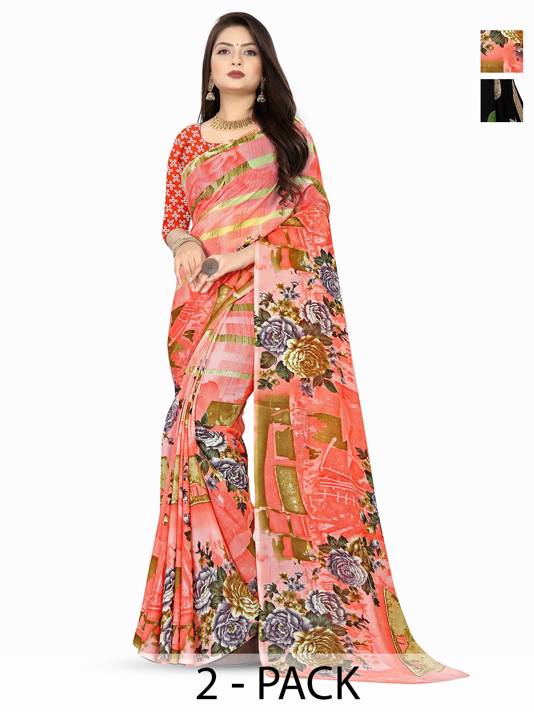 

ANAND SAREES Floral Print 2Pcs Saree, Black