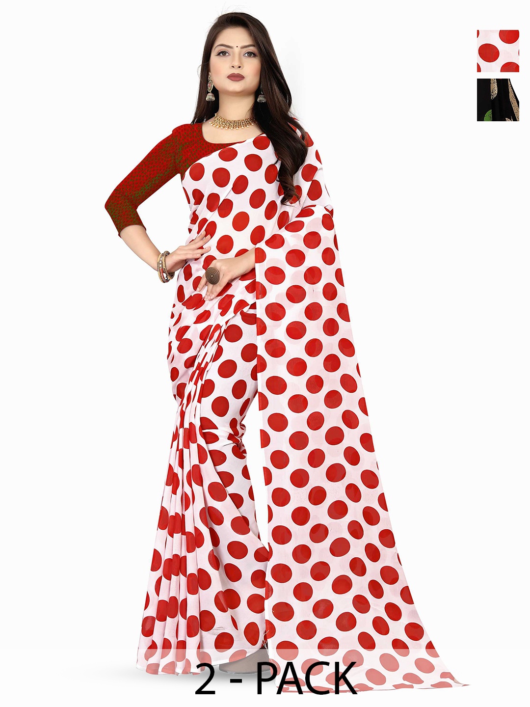 

ANAND SAREES Selection Of 2 Polka Dot Printed Saree, White