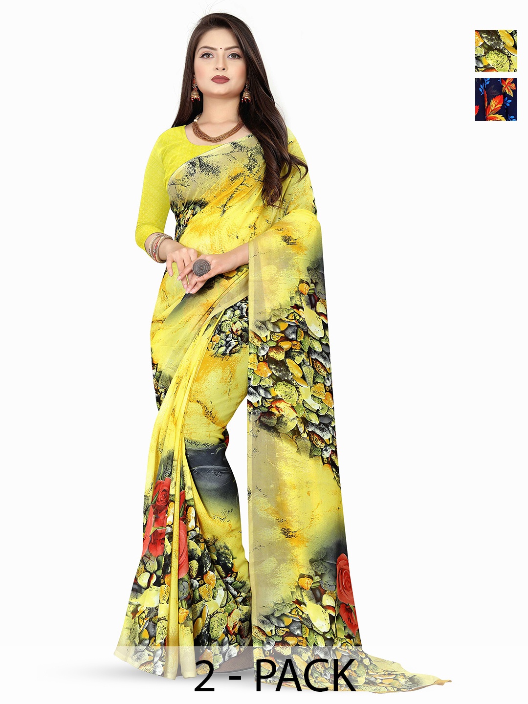 

ANAND SAREES Selection of 2 Floral Printed Saree, Yellow