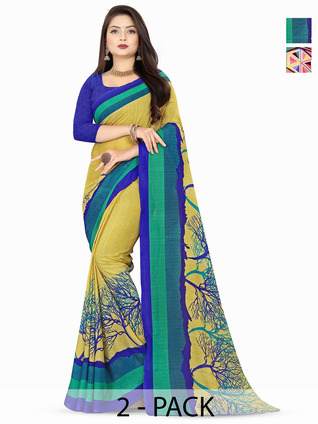 

ANAND SAREES Selection of 2 Printed Sarees, Green