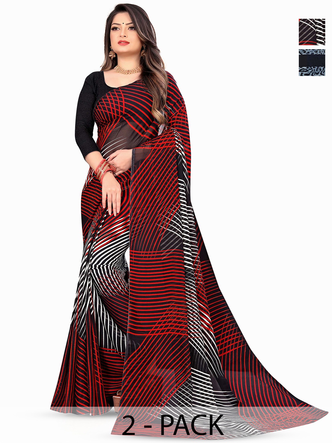 

ANAND SAREES Selection Of 2 Abstarct Printed Sarees, Red