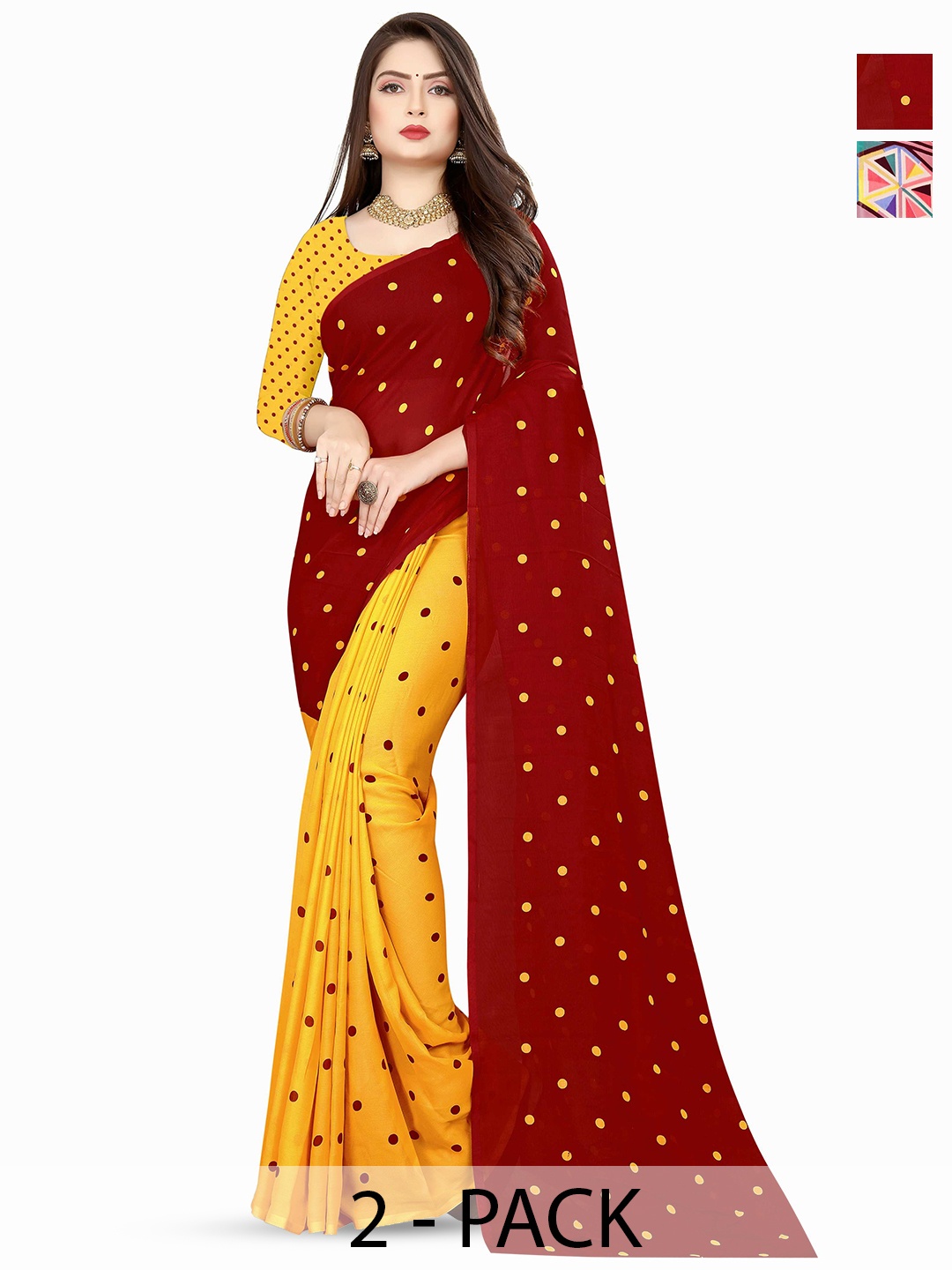 

ANAND SAREES Polka Dot Half and HAlf 2Pcs Saree, Red