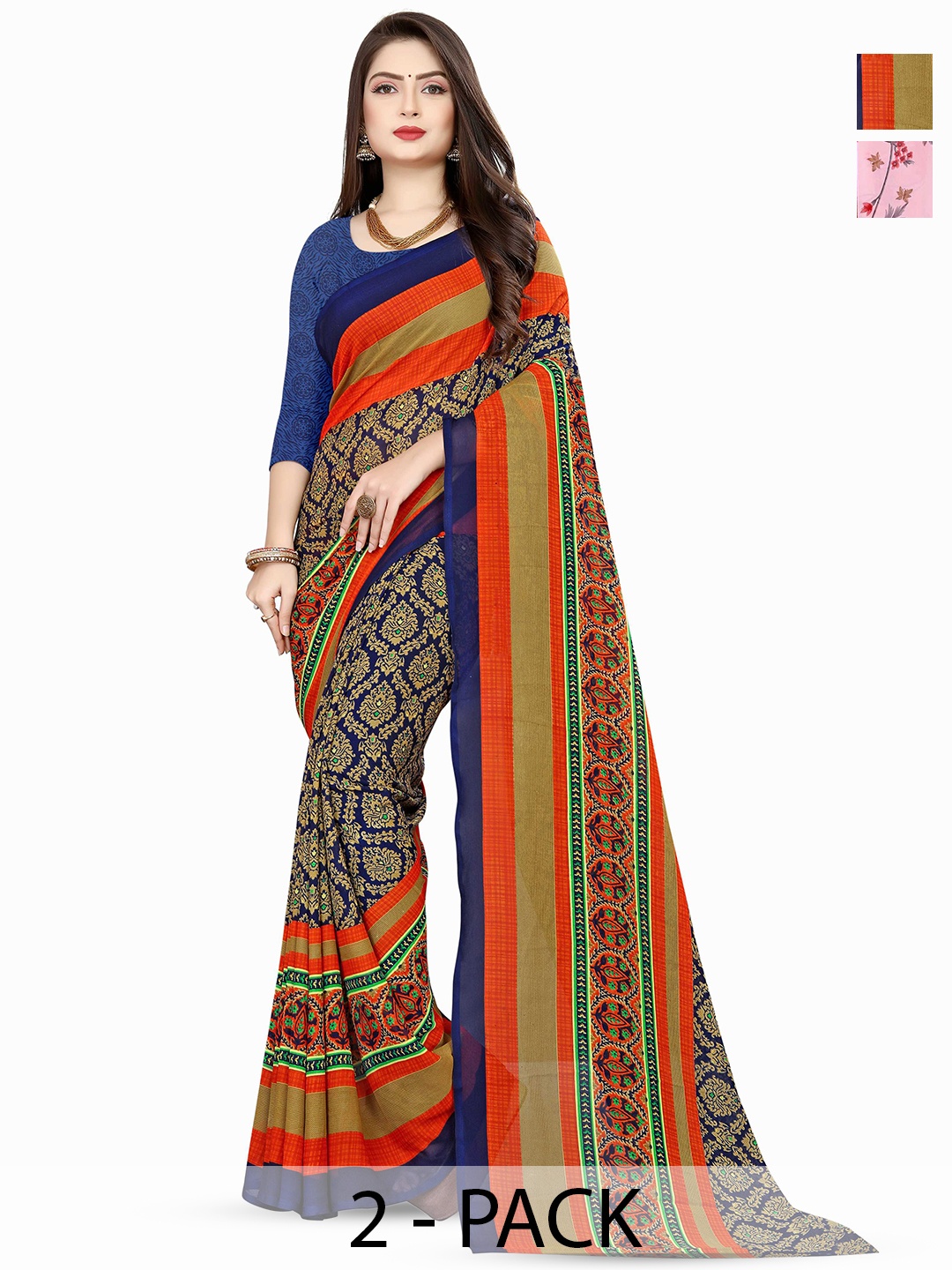 

ANAND SAREES Selection Of 2 Floral Printed Saree, Navy blue