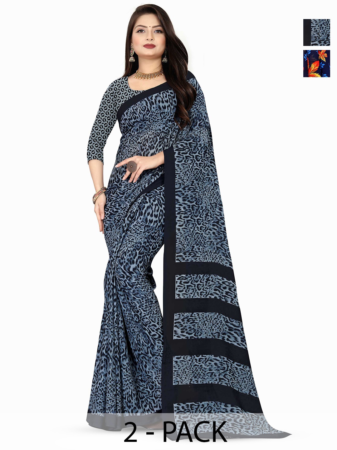 

ANAND SAREES Selection of 2 Ethnic Motifs Printed Saree, Navy blue