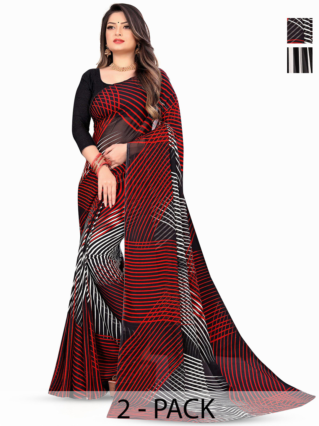 

ANAND SAREES Selection Of 2 Striped Printed Saree, Black
