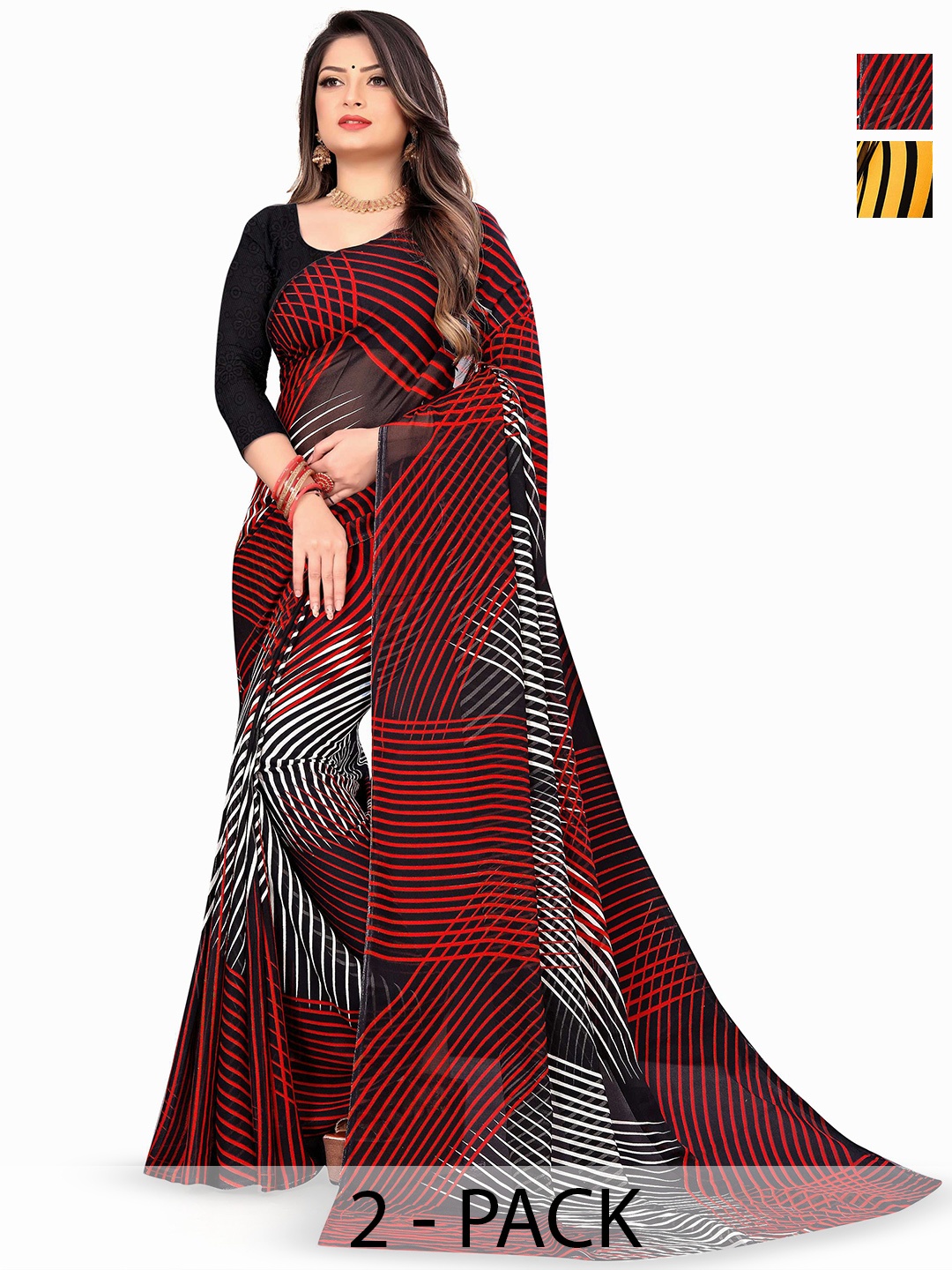 

ANAND SAREES Selection Of 2 Polka Dots Printed Saree, Black