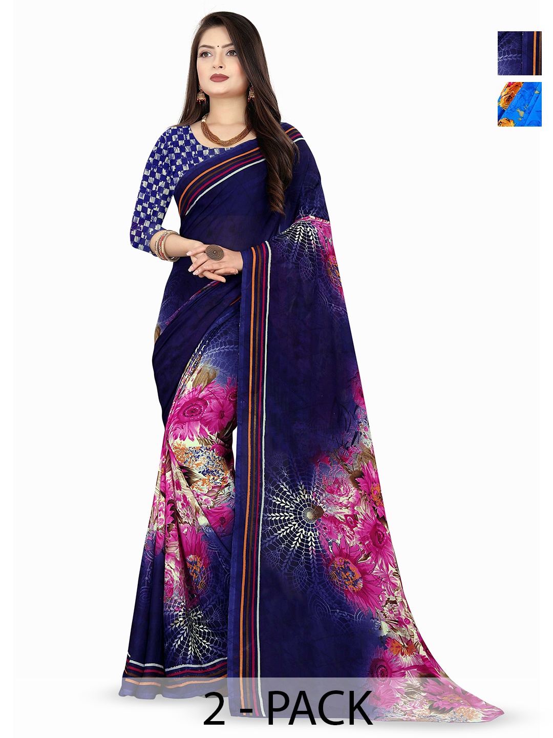 

ANAND SAREES Pack Of 2 Floral Printed Sarees, Blue