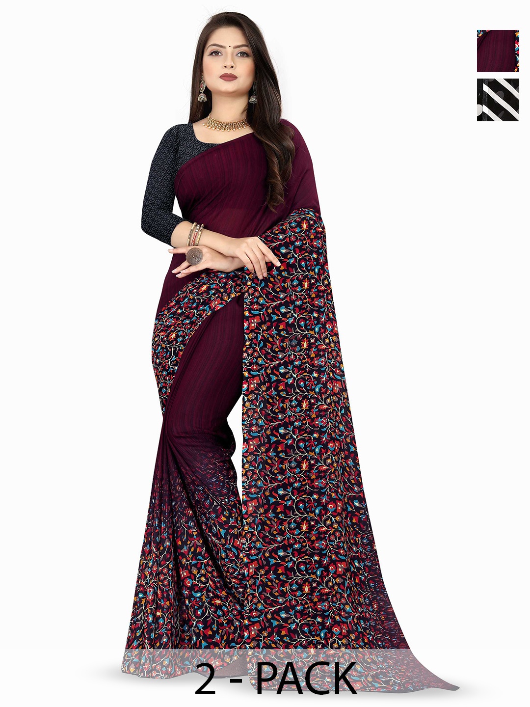 

ANAND SAREES Pack Of 2 Geometric Printed Sarees, Black