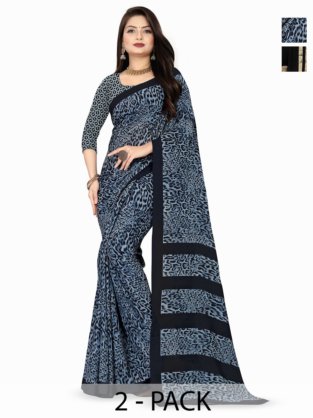 

ANAND SAREES Pack Of 2 Floral Printed Sarees, Black