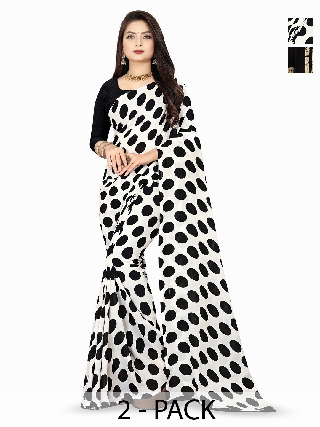 

ANAND SAREES Selection Of 2 Polka Dot Printed Sarees, Black