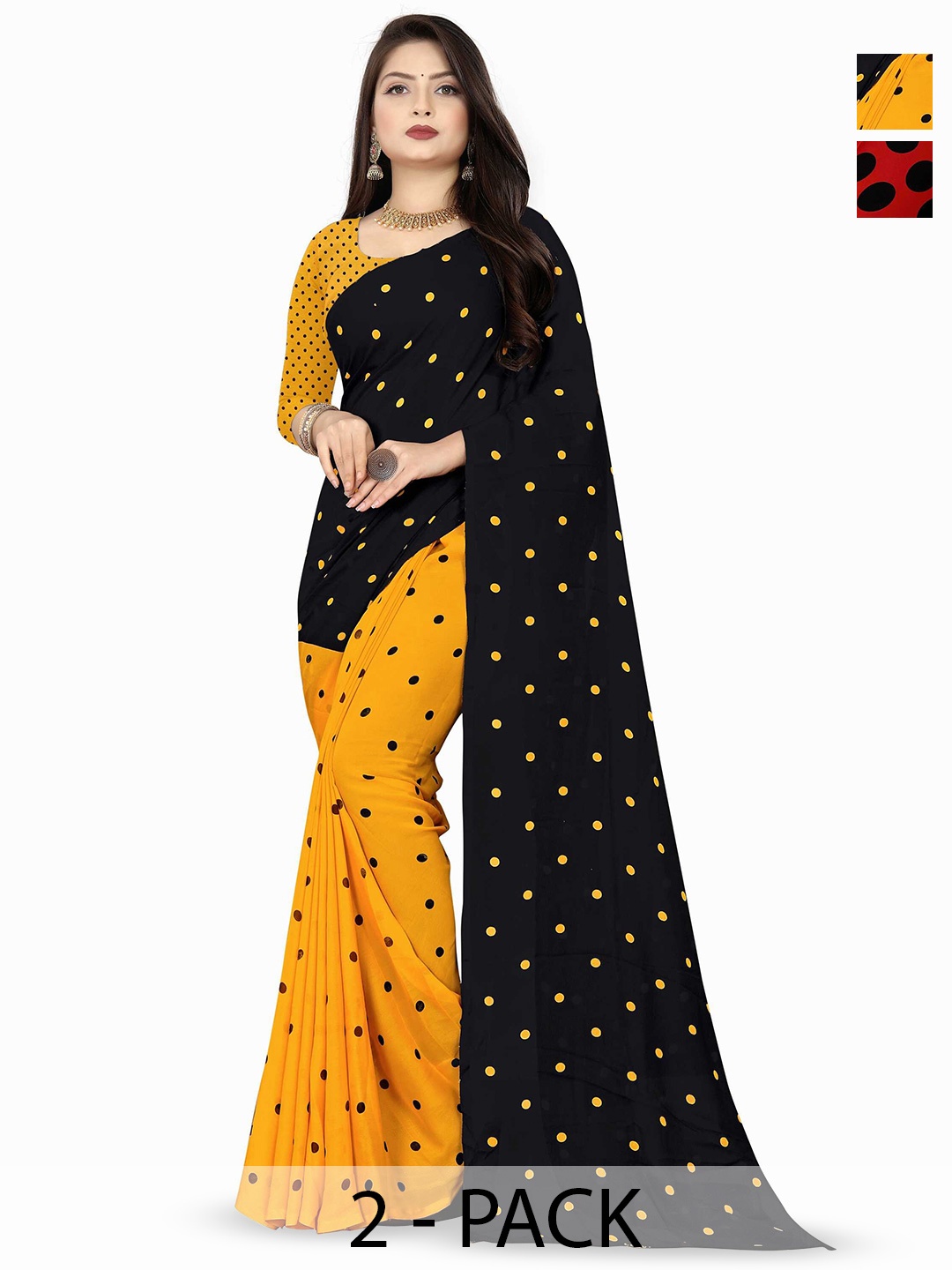

ANAND SAREES Selection Of 2 Polka Dots Printed Saree, Red