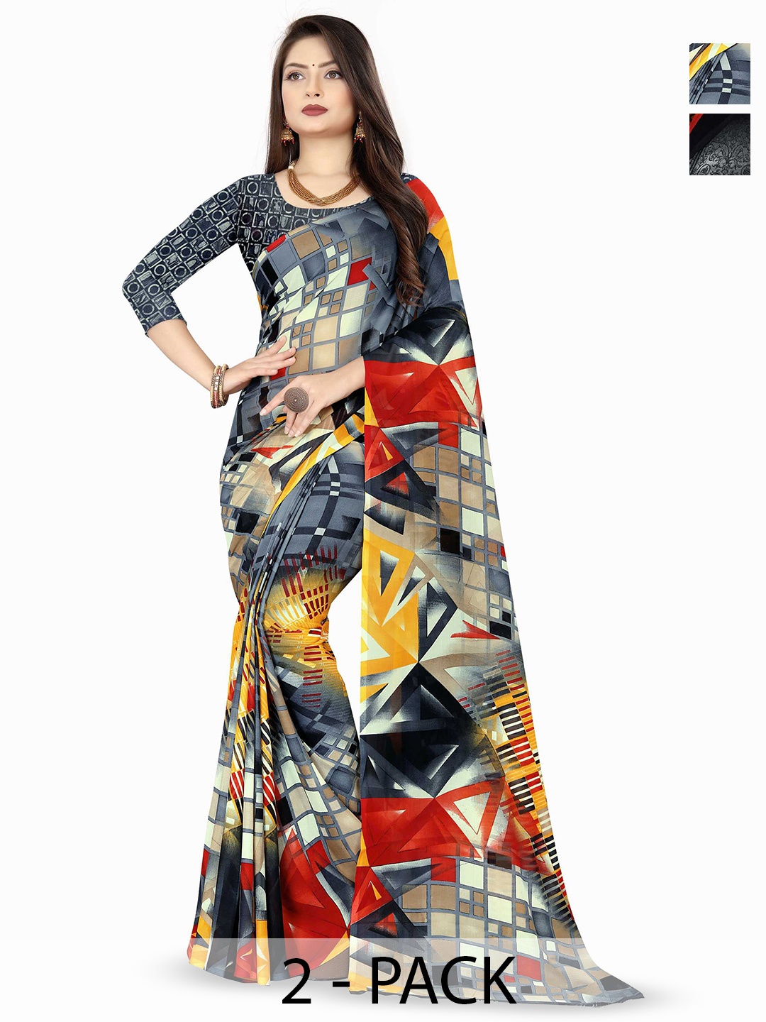 

ANAND SAREES Selection Of 2 Floral Printed Saree, Black