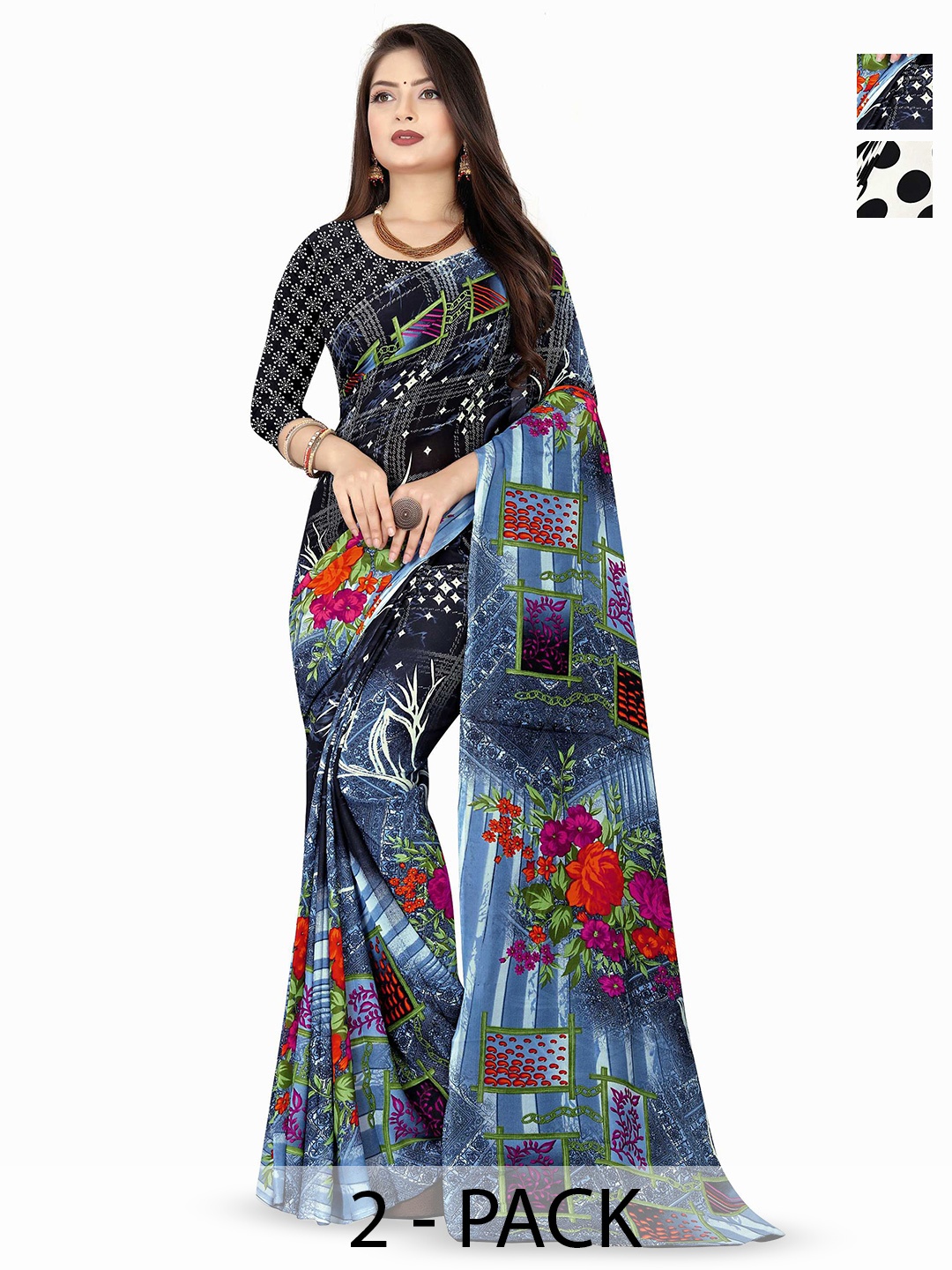 

ANAND SAREES Floral Print 2Pcs Saree, Black