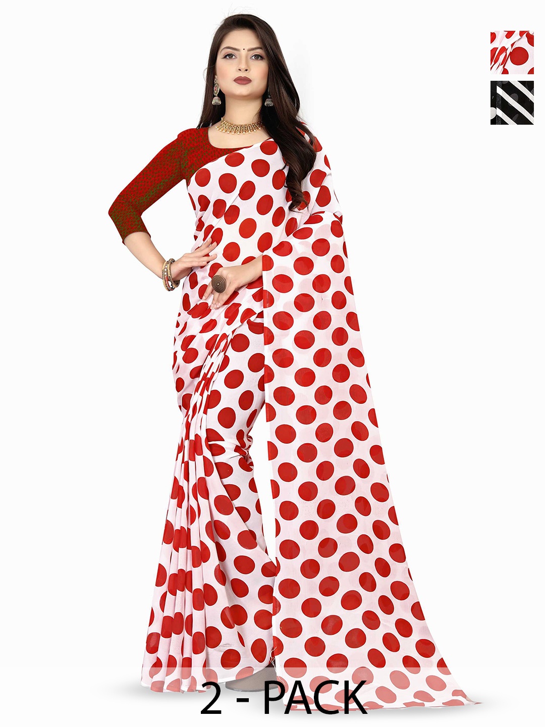 

ANAND SAREES Selection Of 2 Polka Dot Printed Sarees, Red