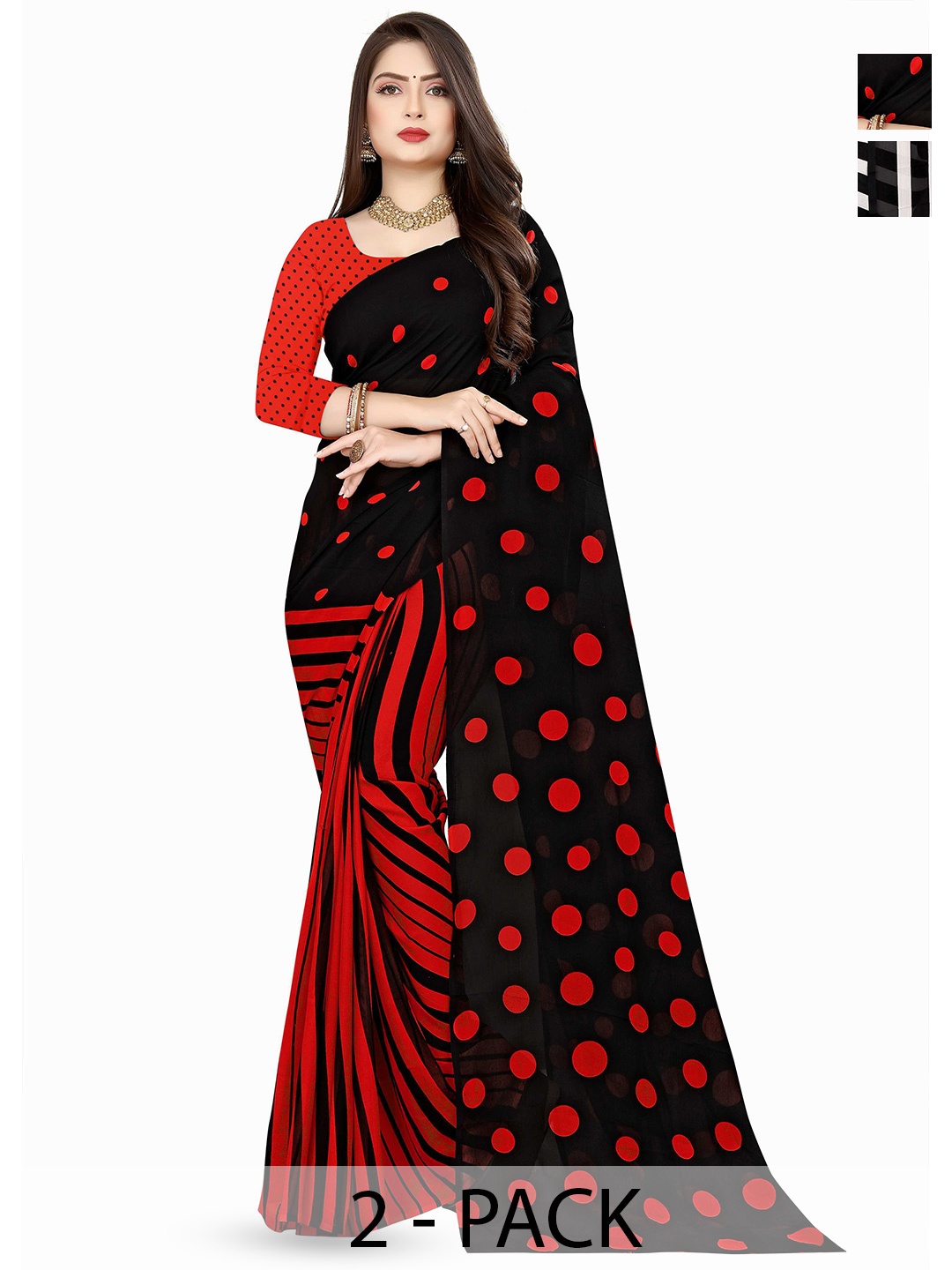 

ANAND SAREES Selection Of 2 Polka Dot Printed Saree, Black