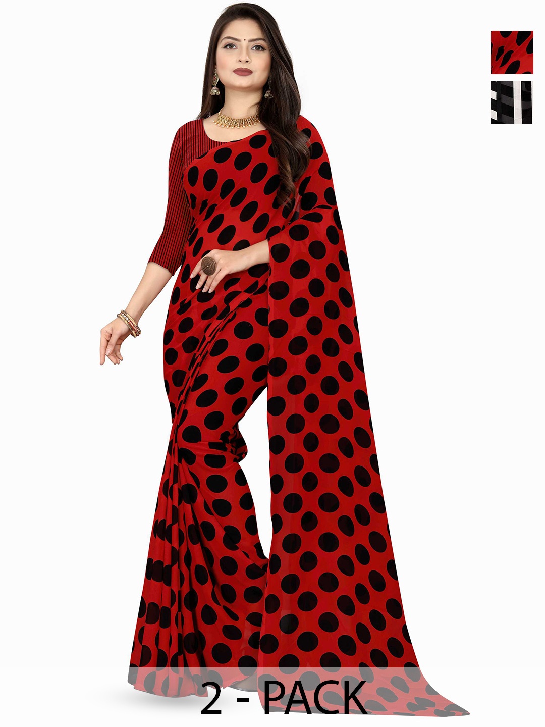 

ANAND SAREES Selection Of 2 Polka Dot Printed Sarees, Maroon
