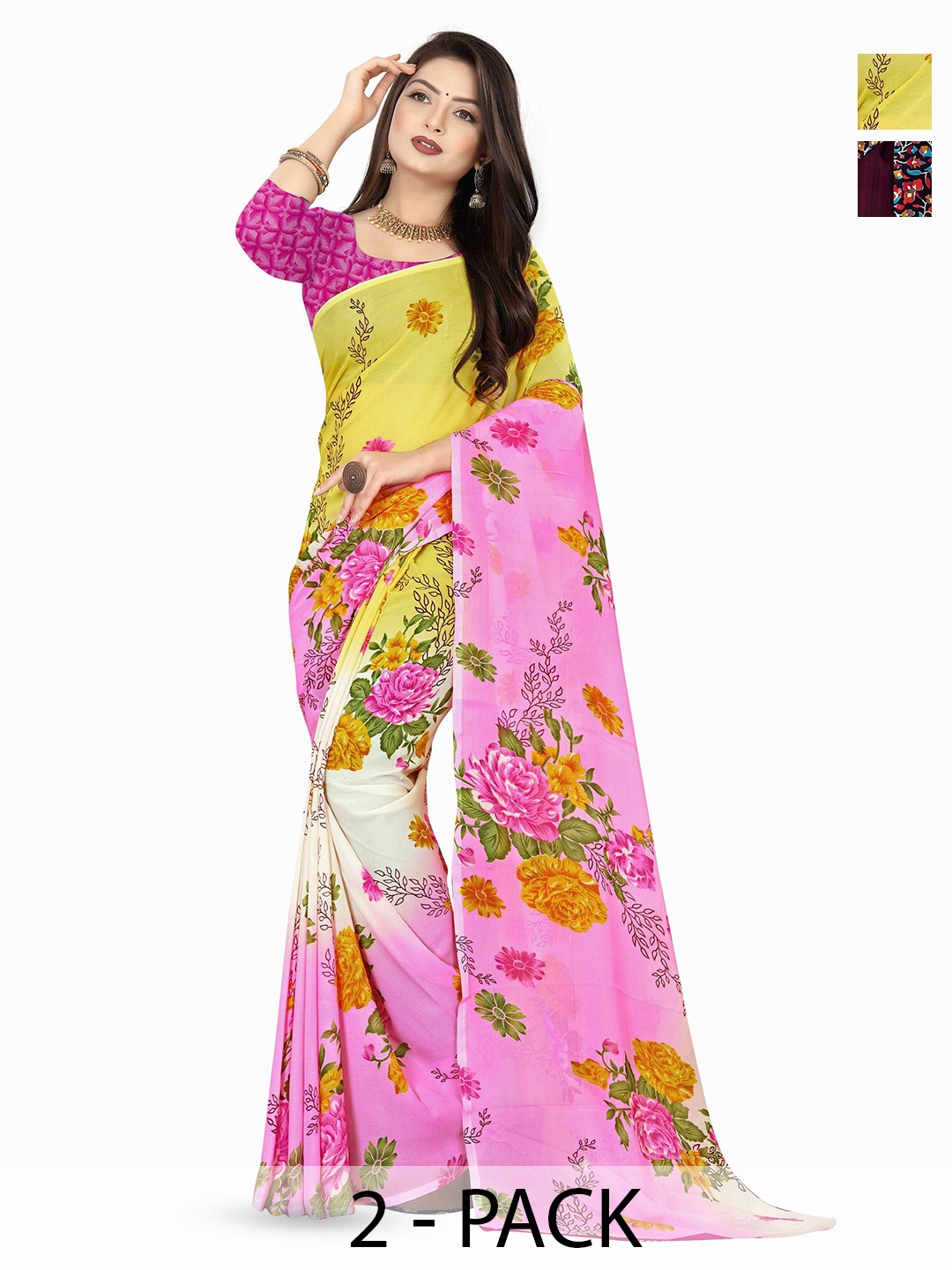 

ANAND SAREES Selection of 2 Floral Printed Saree, Pink