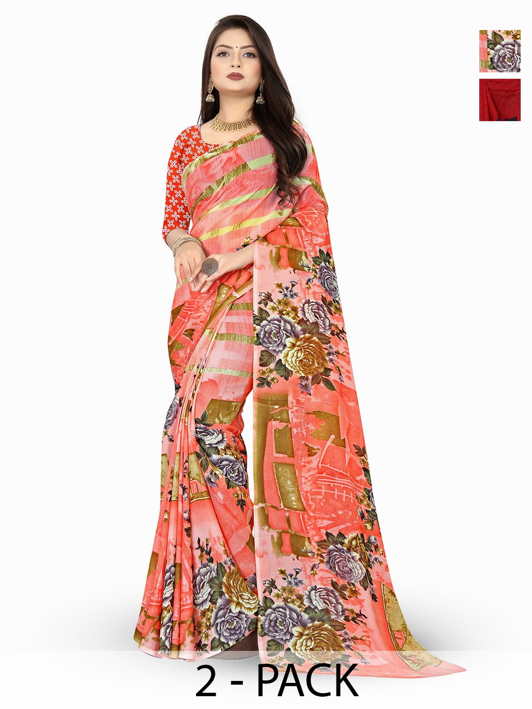 

ANAND SAREES Pack of 2 Floral Georgette Saree, Red