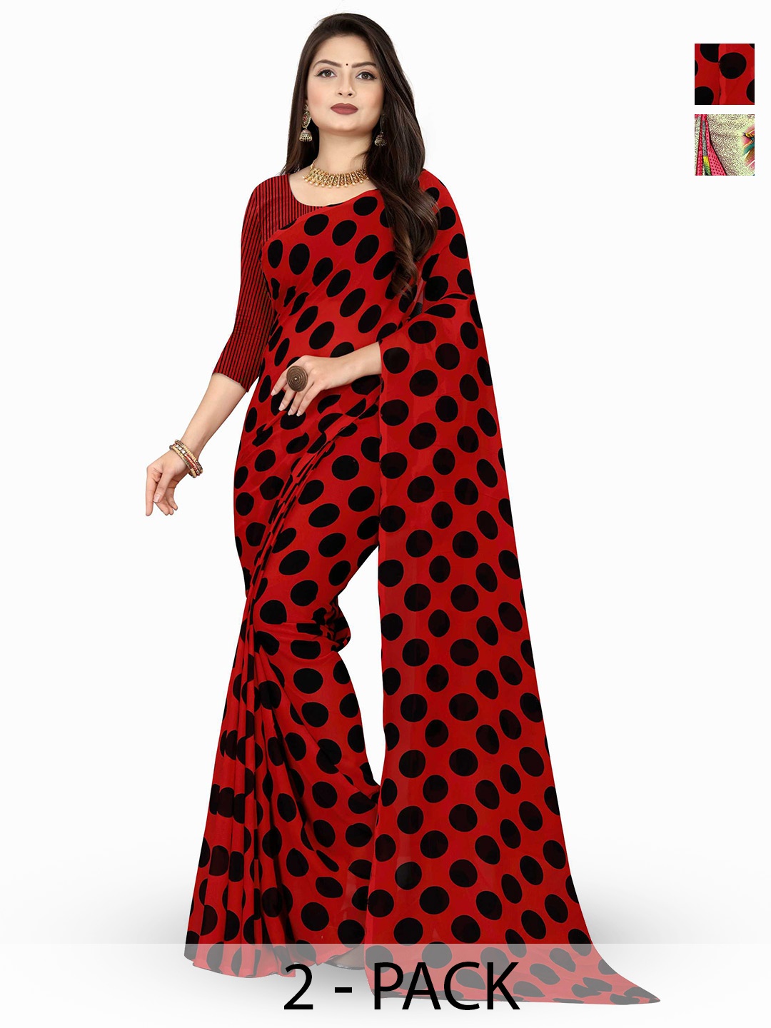 

ANAND SAREES Selection Of 2 Polka Dot Printed Sarees, Red